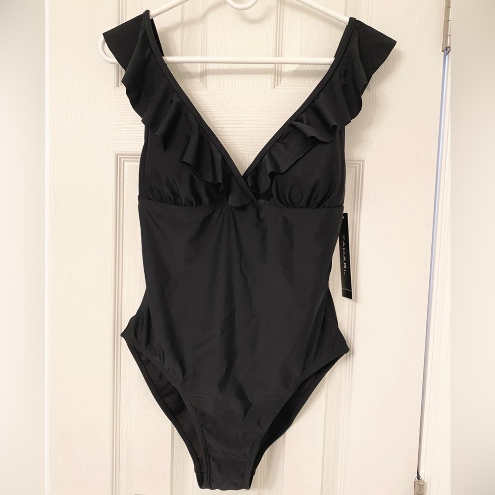 New!!! Tahari Women's Black Surplice Ruffle One-Piece Swimsuit
